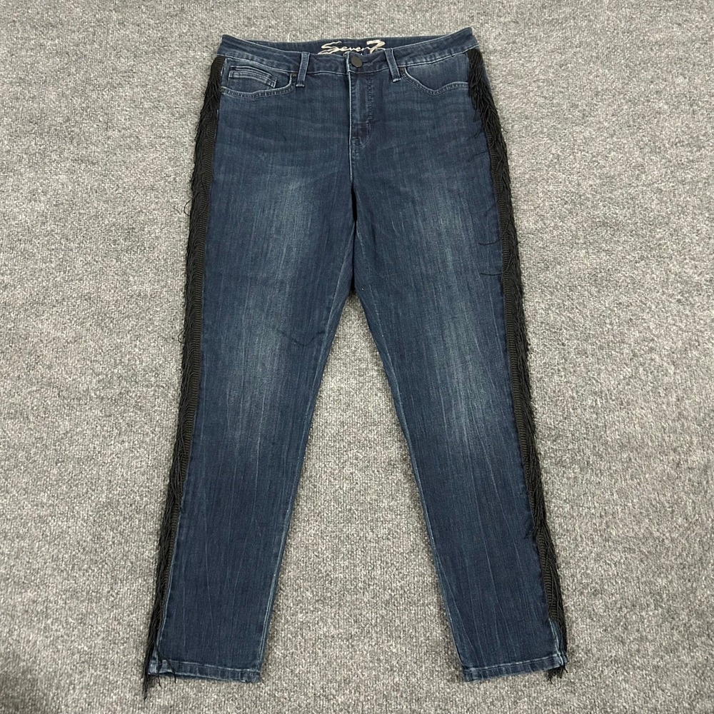 Seven7 Jeans Womens Size 12 Dark Wash Mid Rise Skinny Black Fringe Side Seams